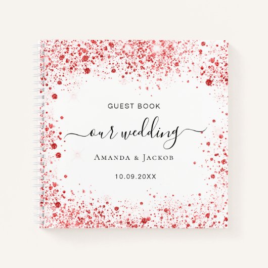 Gastboek bruiloft witte rode glitter stofnamen notitieboek (Voorkant)