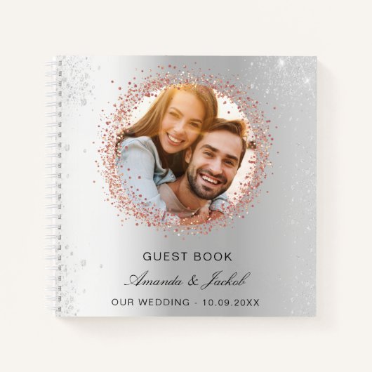 Gastboek bruiloft zilver roos goudglitter foto notitieboek (Voorkant)