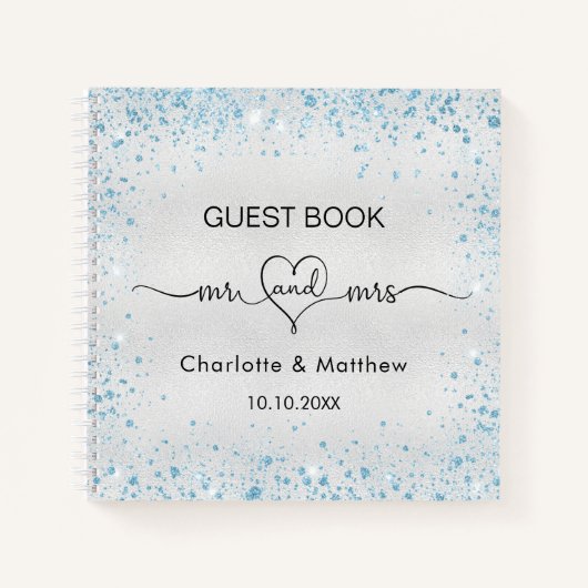 Gastboek bruiloft zilverblauw glitter de heer mrs  notitieboek (Voorkant)