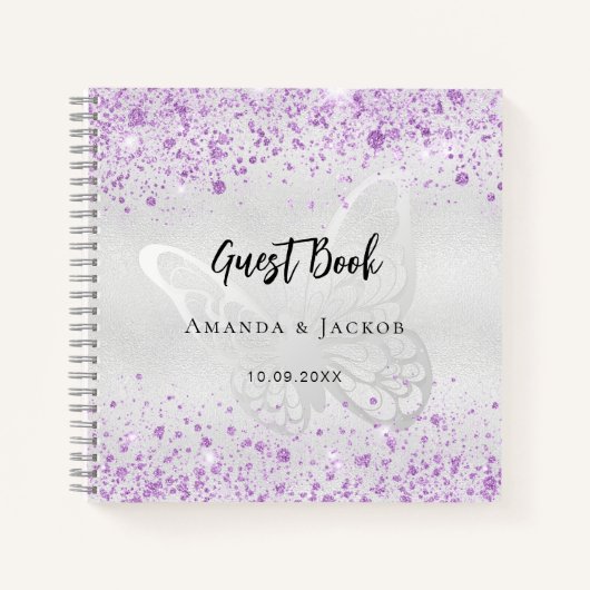 Gastboek bruiloft zilveren lavendel vlinder notitieboek (Voorkant)