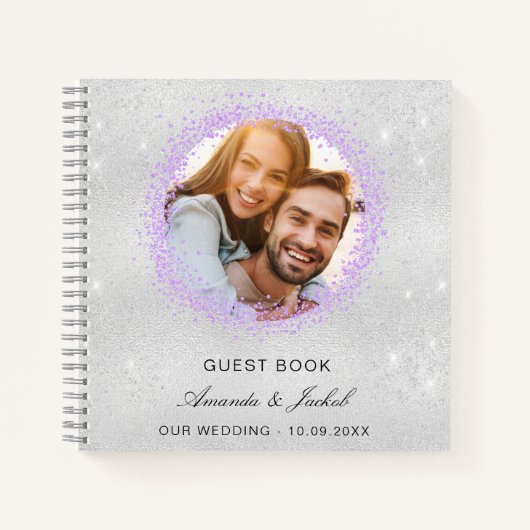 Gastboek bruiloft zilverviolet glitter foto notitieboek (Voorkant)