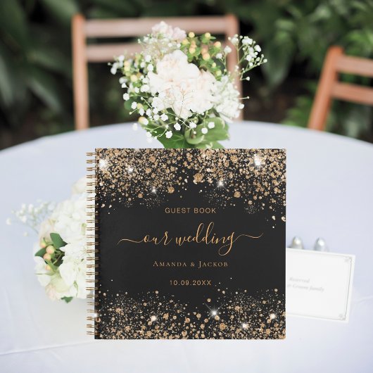 Gastboek bruiloft zwart goud glitter monogram notitieboek