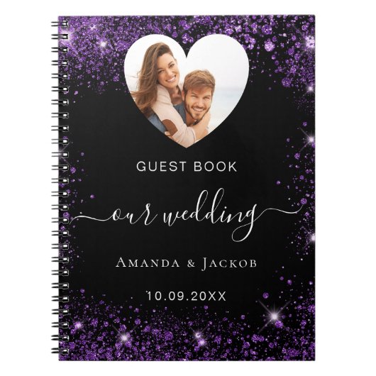 Gastboek bruiloft zwart paarse foto hart budget notitieboek (Voorkant)
