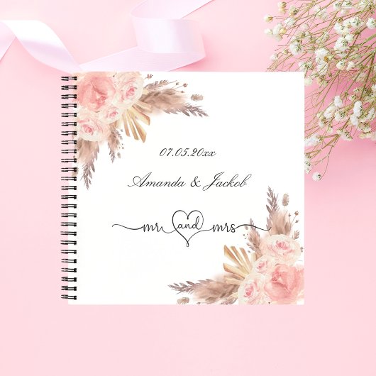 Gastboek bruiloftsblush florale pampasgras notitieboek