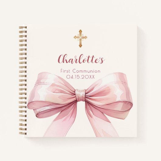 Gastboek Eerste Communie blush roze strik crème Notitieboek (Voorkant)