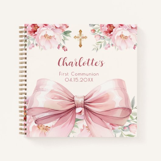 Gastboek Eerste Communie roze strik crème bloemen Notitieboek (Voorkant)