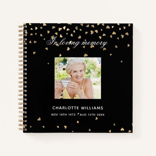 Gastboek herdenking zwarte gouden harten notitieboek (Voorkant)