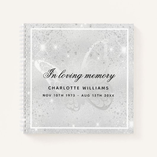 Gastboek herdenkingsbegrafenis zilveren vlinder notitieboek (Voorkant)