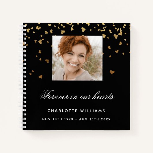 Gastboek herdenkingsfoto zwarte gouden harten notitieboek (Voorkant)