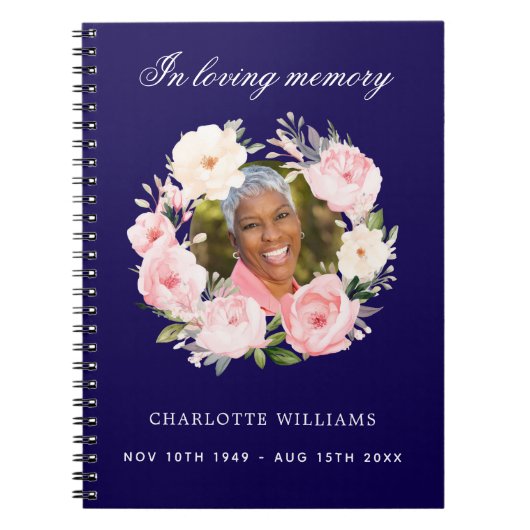 Gastboek Memorial begrafenis blauwe foto bloemen Notitieboek (Voorkant)