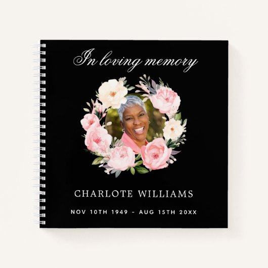 Gastboek Memorial begrafenis zwarte foto bloemen Notitieboek (Voorkant)