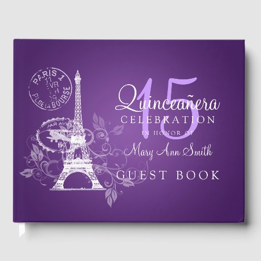 Gastboek Quinceanera Party Paris Paarse Gastenboek (Voorkant)