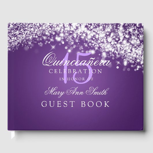 Gastboek Quinceanera Party Sparkling Wave Paarse Gastenboek (Voorkant)