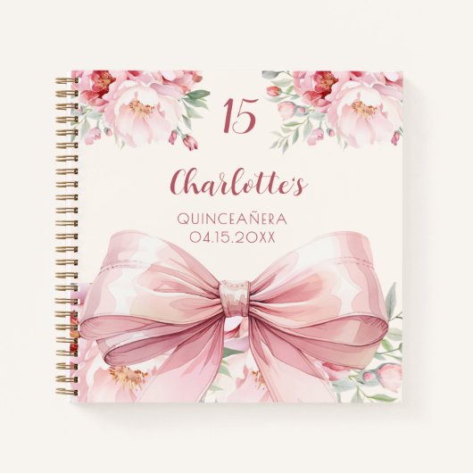 Gastboek Quinceanera roze strik crème bloemen Notitieboek (Voorkant)