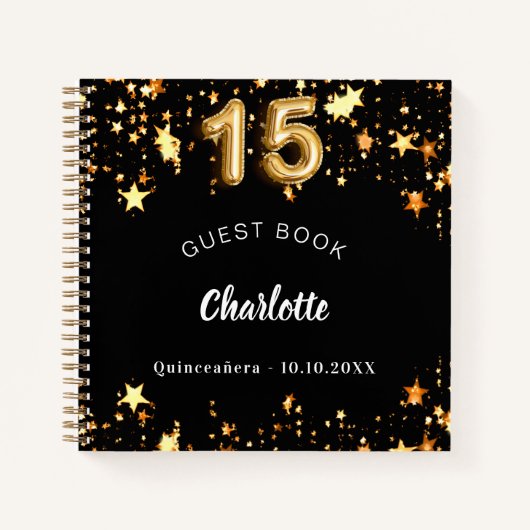 Gastboek Quinceanera zwart gouden sterren Notitieboek (Voorkant)