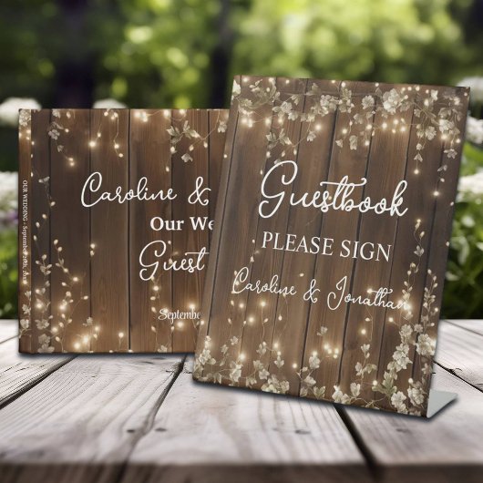 Gastboek Signing Wood Sign String Lights Reclamebord Met Voetstuk