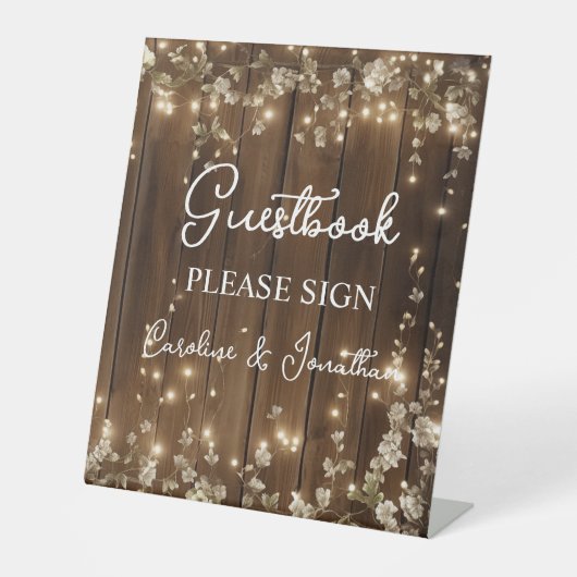 Gastboek Signing Wood Sign String Lights Reclamebord Met Voetstuk (Voorkant)