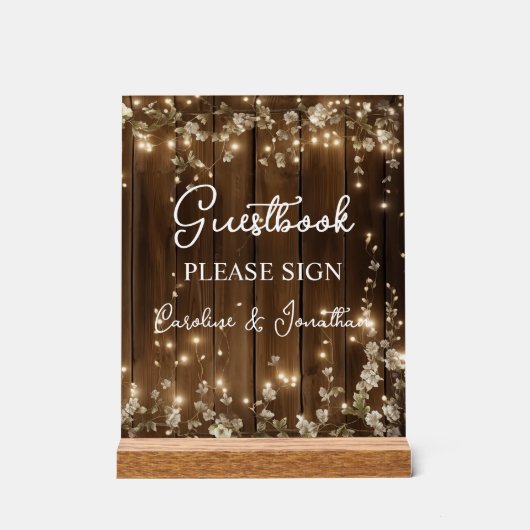 Gastboek Signing Wood String Lights Acryl Bord (Voorkant)