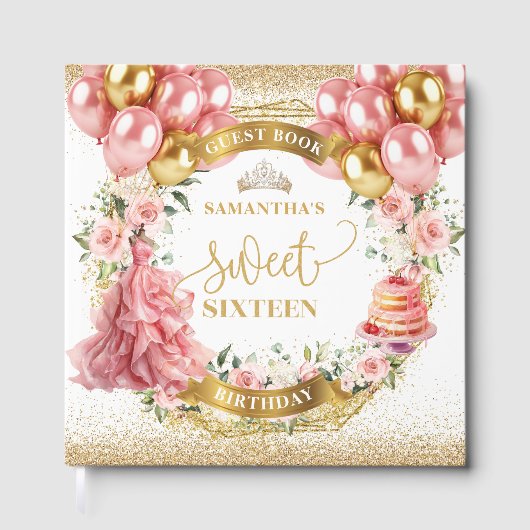 Gastboek Sweet 16 Blush Pink Gold Ballonnen Gastenboek (Voorkant)