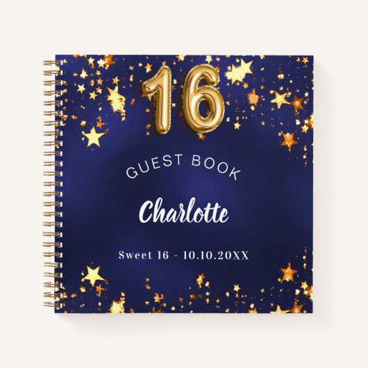 Gastboek Sweet 16 marineblauw gouden sterren Notitieboek (Voorkant)