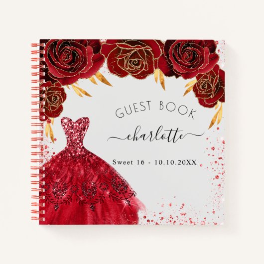 Gastboek Sweet 16 rode witte glitterjurk Notitieboek (Voorkant)