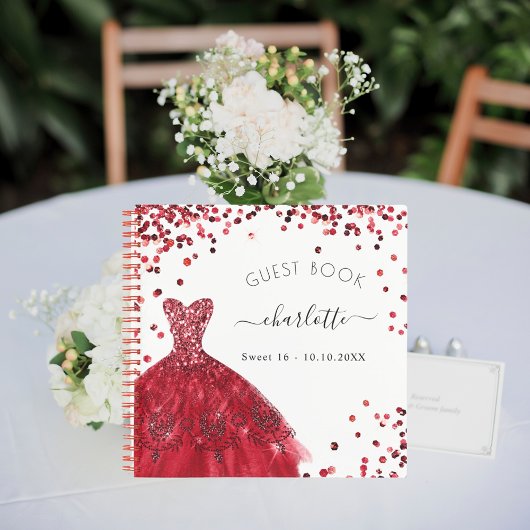 Gastboek Sweet 16 rode witte glitterjurk Notitieboek