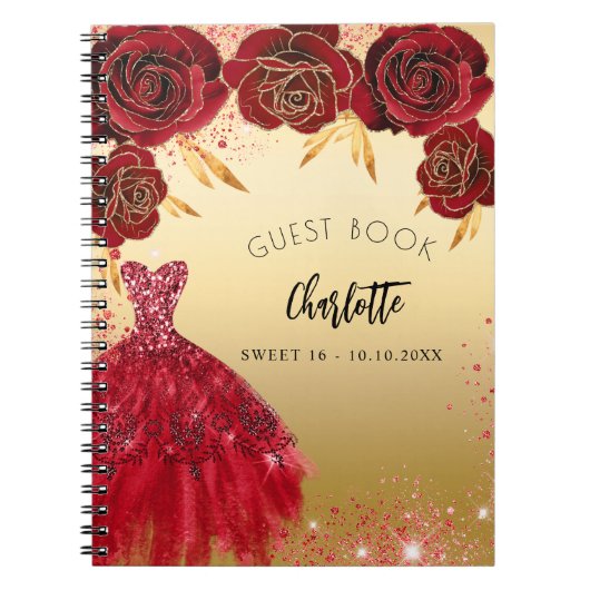 Gastboek Sweet 16 rood goud glitter jurk budget Notitieboek (Voorkant)