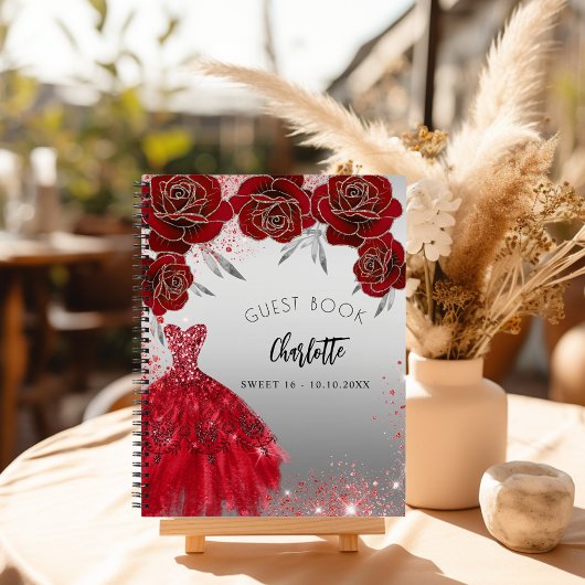 Gastboek Sweet 16 rood zilver glitter jurk Notitieboek