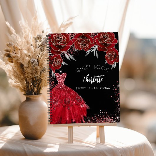 Gastboek Sweet 16 rood zwart glitter jurk Notitieboek