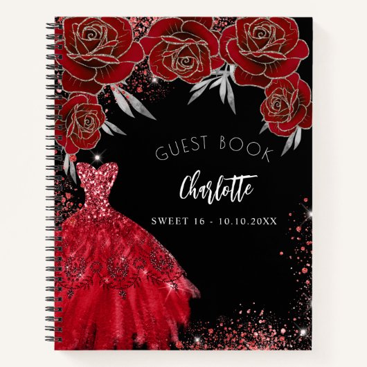 Gastboek Sweet 16 rood zwart glitter jurk Notitieboek (Voorkant)