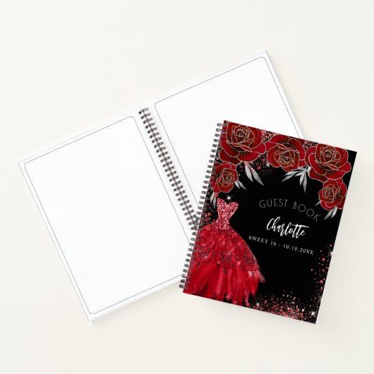 Gastboek Sweet 16 rood zwart glitter jurk Notitieboek (Binnen)