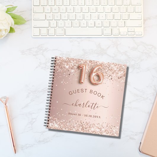 Gastboek Sweet 16 roos gouden glitter blush Notitieboek