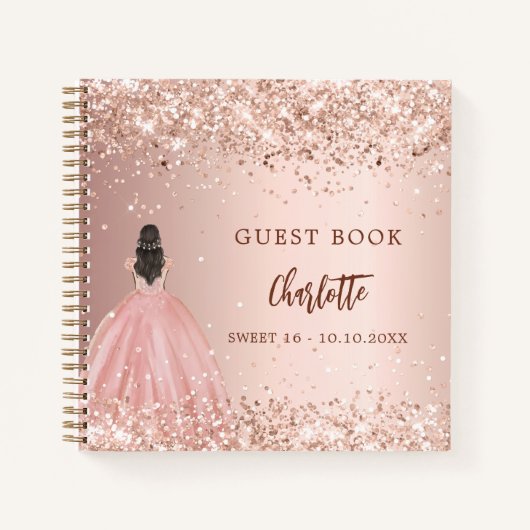 Gastboek Sweet 16 roos gouden jurk confetti Notitieboek (Voorkant)
