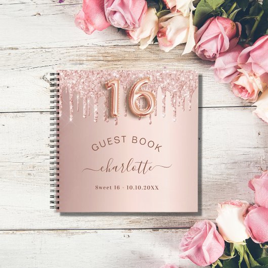 Gastboek Sweet 16 roos goudglitterdruppels Notitieboek