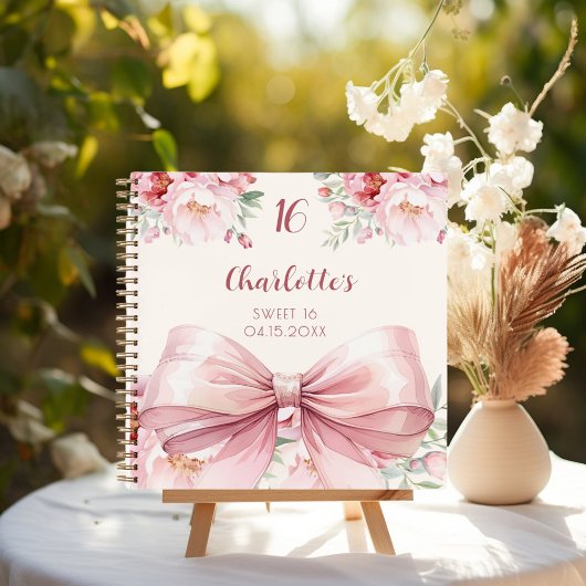 Gastboek Sweet 16 roze strik crème bloemen Notitieboek