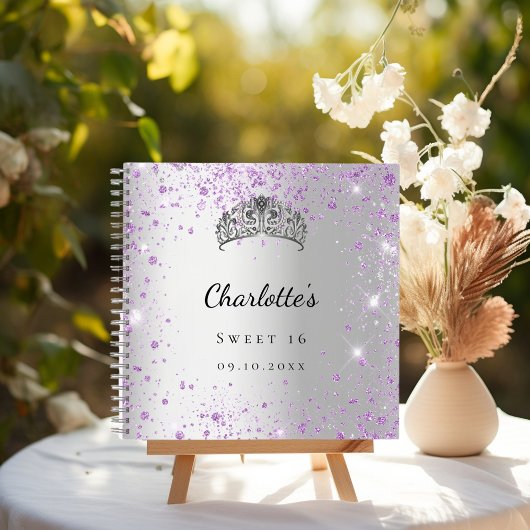 Gastboek Sweet 16 zilveren lavendel glitter tiara Notitieboek