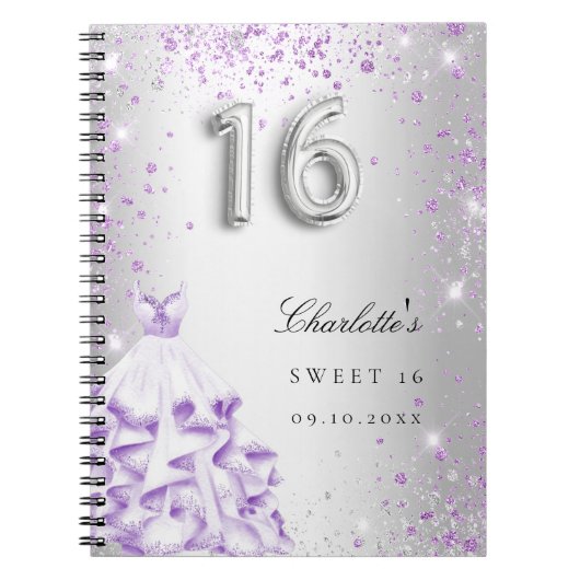 Gastboek Sweet 16 zilveren paarse glitterjurk Notitieboek (Voorkant)