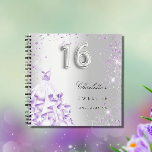Gastboek Sweet 16 zilveren paarse glitterjurk Notitieboek