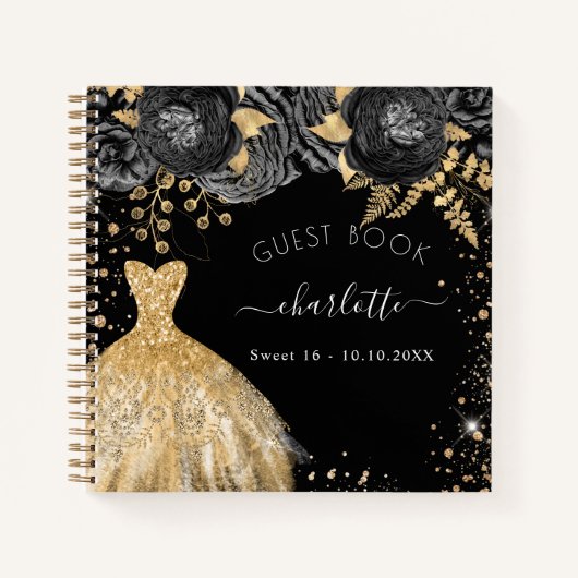Gastboek Sweet 16 zwarte goudjurk Notitieboek (Voorkant)