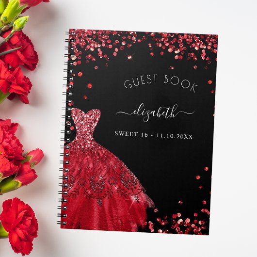 Gastboek Sweet 16 zwarte rode jurk glitter Notitieboek