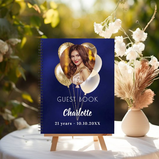 Gastboek verjaardag blauwe foto gouden ballonnen notitieboek