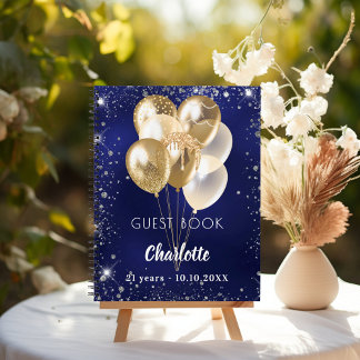Gastboek verjaardag marine blauw gouden ballonnen notitieboek