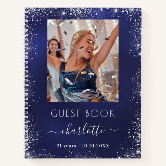 Gastboek verjaardag marine blauw zilver foto notitieboek (Voorkant)