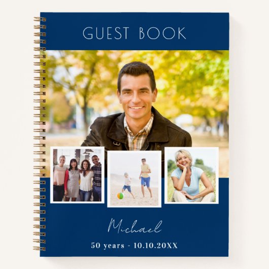 Gastboek verjaardag marine blauwe foto collage notitieboek (Voorkant)