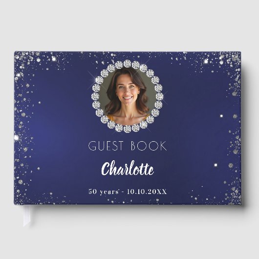 Gastboek verjaardag marine blauwe foto diamanten gastenboek (Voorkant)