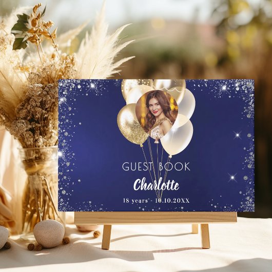 Gastboek verjaardag marine blauwe foto gouden ball gastenboek