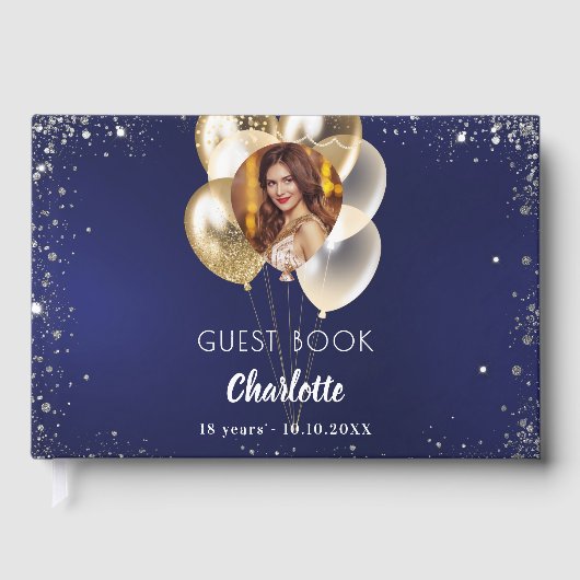Gastboek verjaardag marine blauwe foto gouden ball gastenboek (Voorkant)