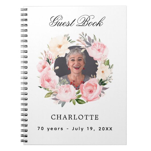Gastboek verjaardag witte foto bloemen budget notitieboek (Voorkant)