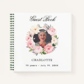 Gastboek verjaardag witte foto bloemen notitieboek (Voorkant)
