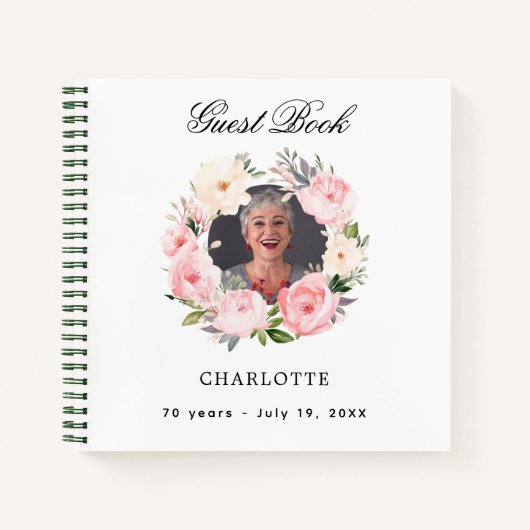 Gastboek verjaardag witte foto bloemen notitieboek (Voorkant)